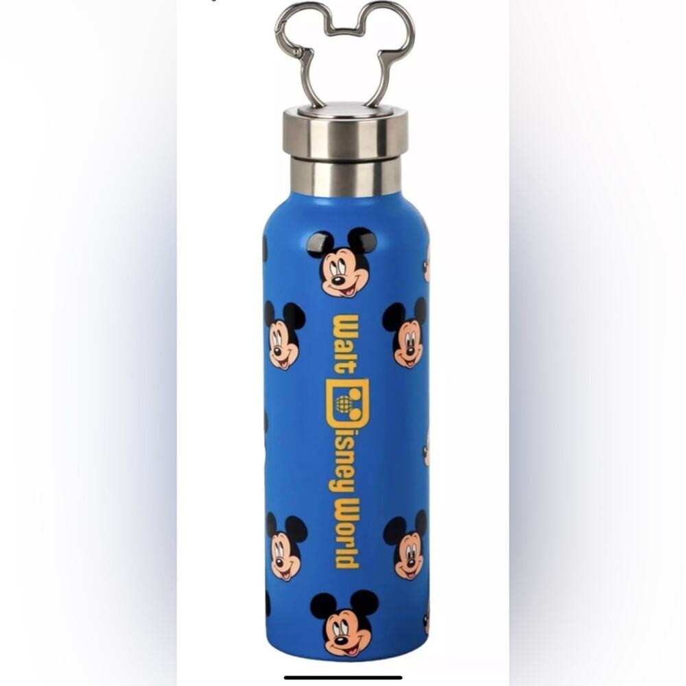 DISNEY PARKS MICKEY MOUSE STAINLESS STEEL WATER BOTTLE W MICKEY ICON CLASP TOP - Picture 1 of 3